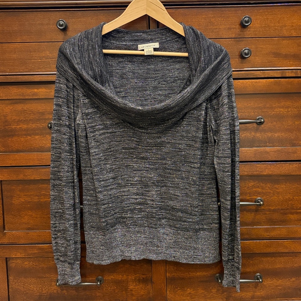 Liz Claiborne Cowl Neck Sweater Womens L Black Silver Marled Knit Long Sleeve - Picture 1 of 12